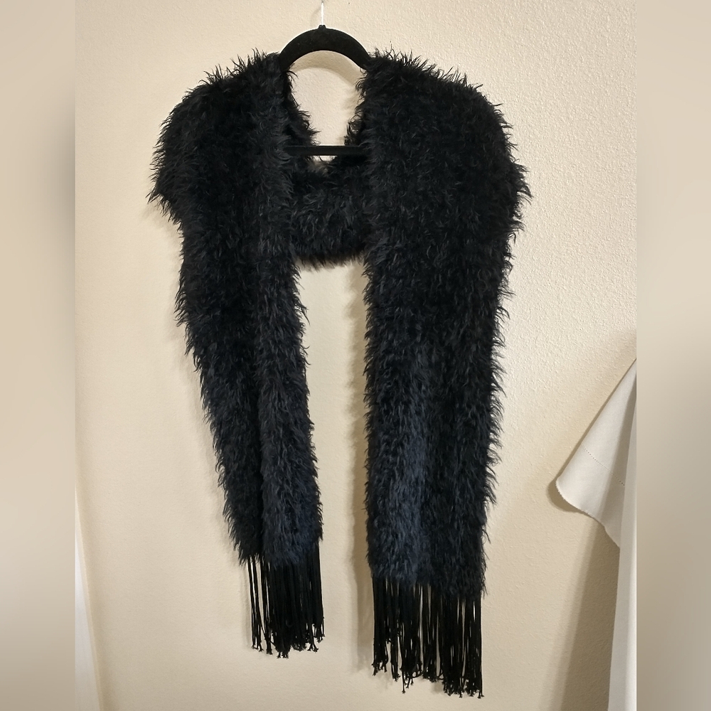 SHAWL - beautiful hand knit with love a black fluffy shawl with fringe.